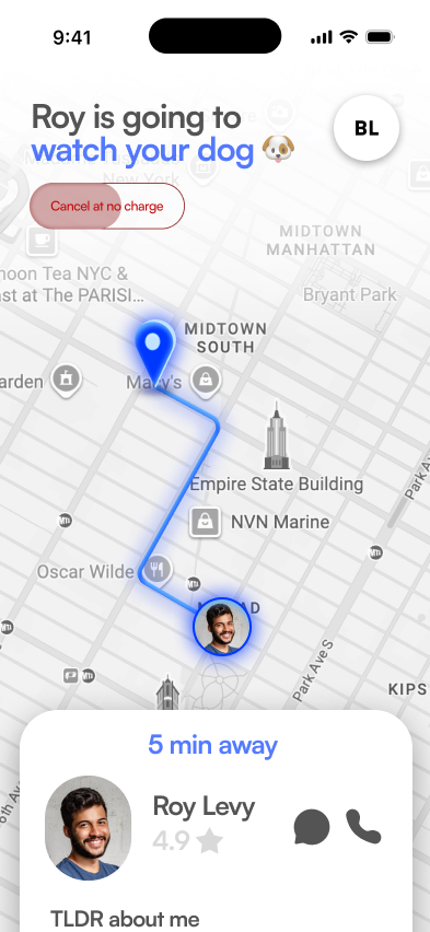 Roy is going to watch your dog, tracking on map